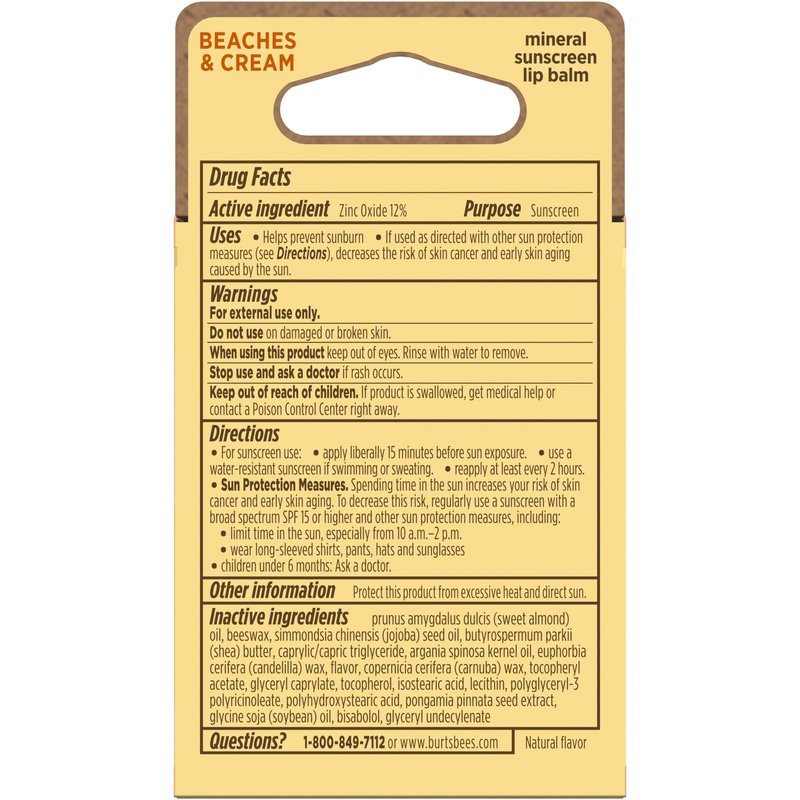 Burts Bees SPF 30 Lip Balm, Beaches and Cream, Water-Resistant Sun Care, Nano-Free Zinc Oxide Formula, Natural Origin Conditioning Lip Treatment, 0.15 oz., Three Tubes