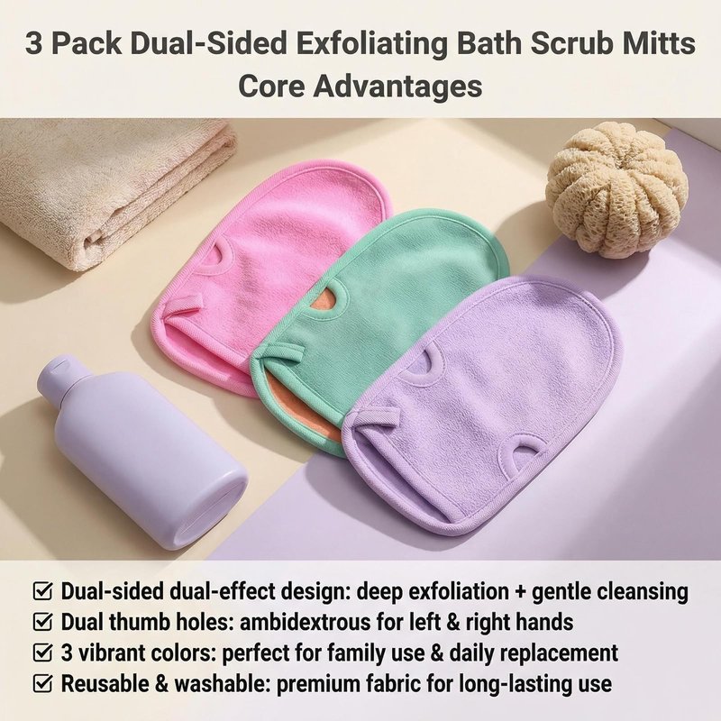 Erioctry 3PCS Reusable Bathing Shower Mittens Soft Back Rubbing Gloves Exfoliating Body Wash Massage Spa Mitt for Adult and Kids Family (Color Random)