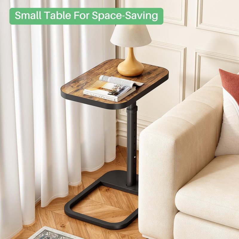 Kitstorack Adjustable Height C-Shaped End Table, 9-Level Side Table with Thickened Metal Rounded Edge, Couch Table Slides Under Sofa or Bed, Eating, Working, TV Tray Table for Small Spaces, Brown