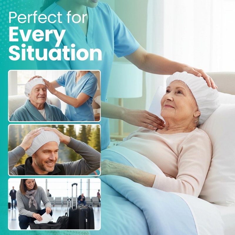 No-Rinse Shampoo & Conditioner Shower Cap, Waterless Hair Washing for Elderly, Bedridden, Hassle-Free Microwavable Hair Washing Cap infused with Aloe & Vitamin E – 6-Pack