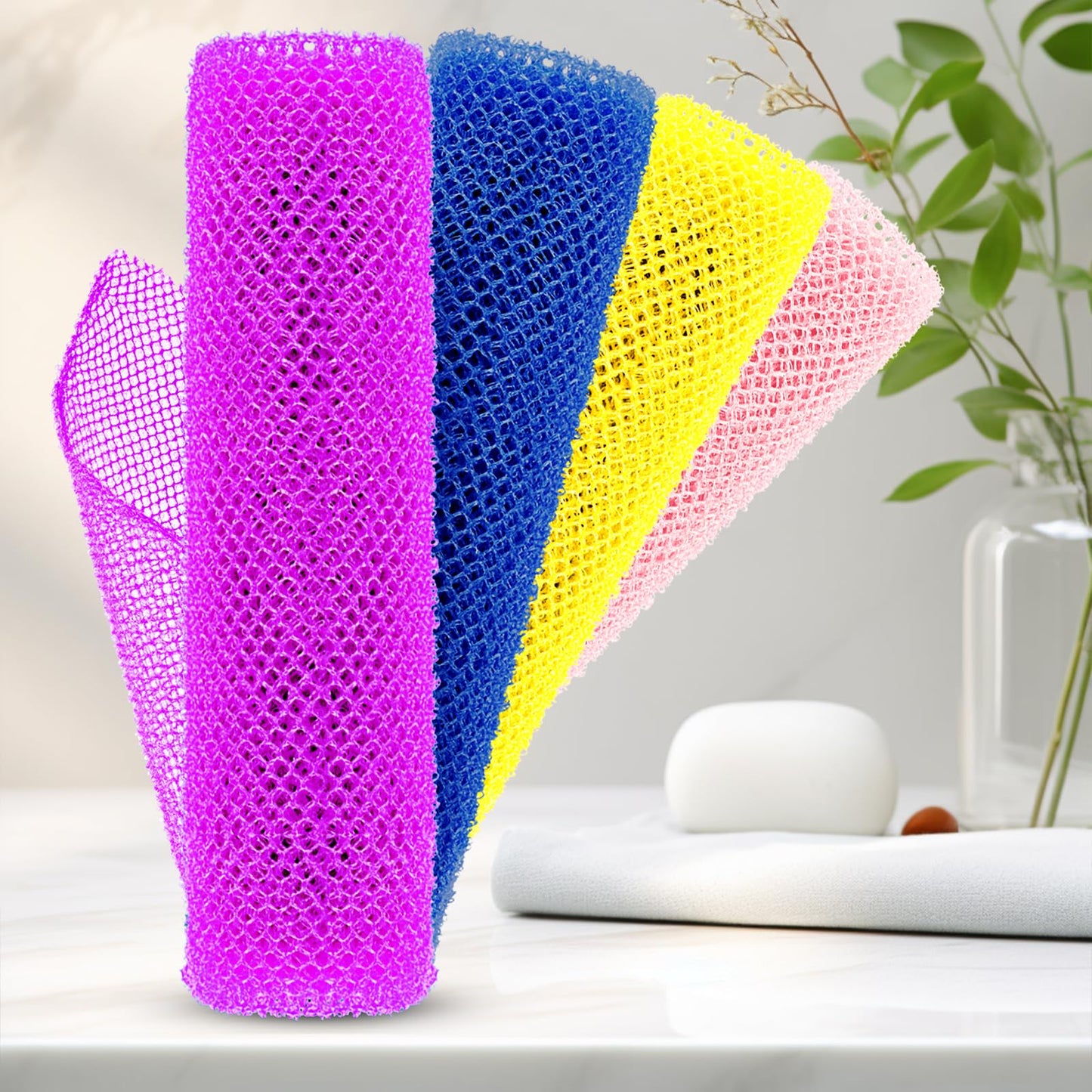 SpiralScgv 4 Pieces African Net Sponge Authentic Shower loofah exfoliating Body Scrubber Face Washcloth for Cleansing & Gentle Daily Exfoliation Travel wash Cloth Easy to Reach Your Back