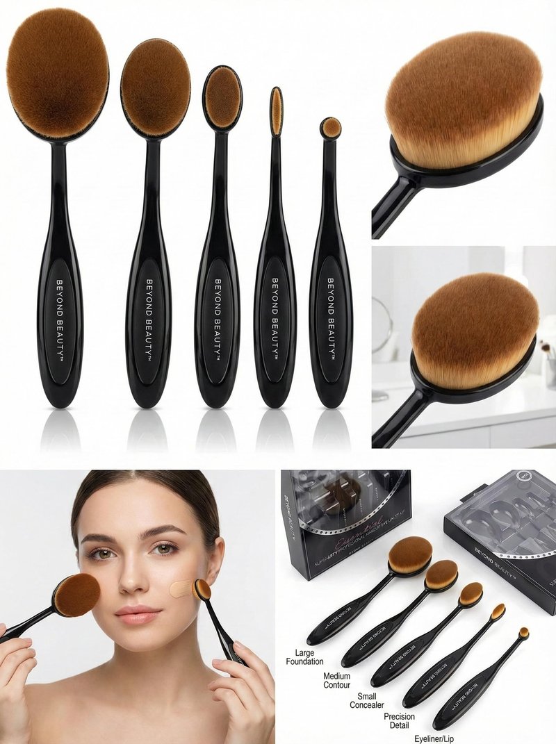 Beyond Beauty Oval Makeup Brush Set 5-Piece, Super Soft Synthetic Brushes for Foundation Blending, Contour, Concealer, Face and Eye Makeup