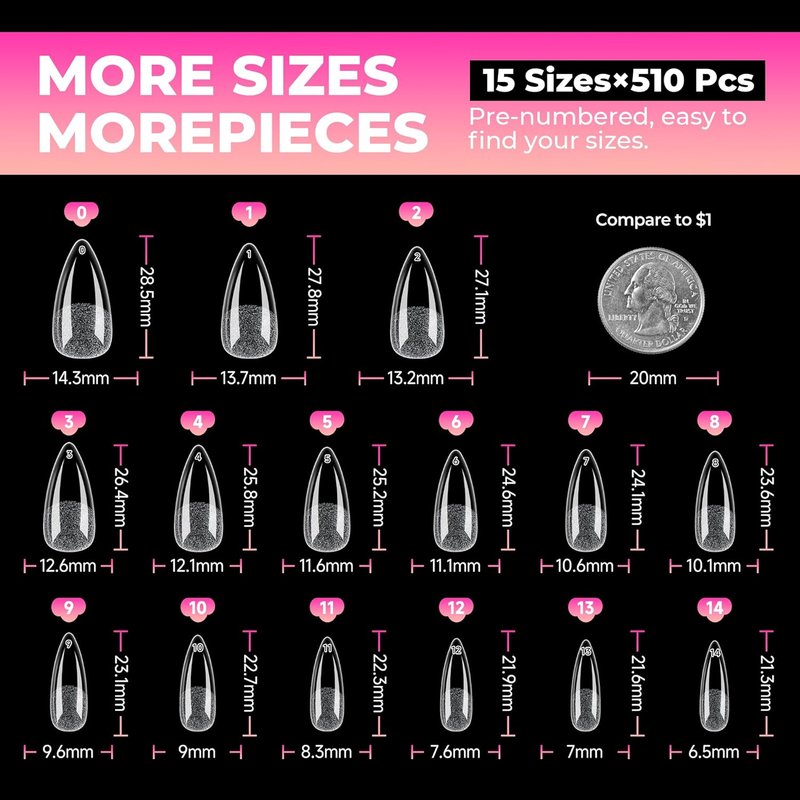 UNA GELLA Stiletto Gel Nail Tips - 510 Pcs Medium Almond Full Cover Clear Acrylic Nails | Sturdy Press-On for DIY & Salon Use