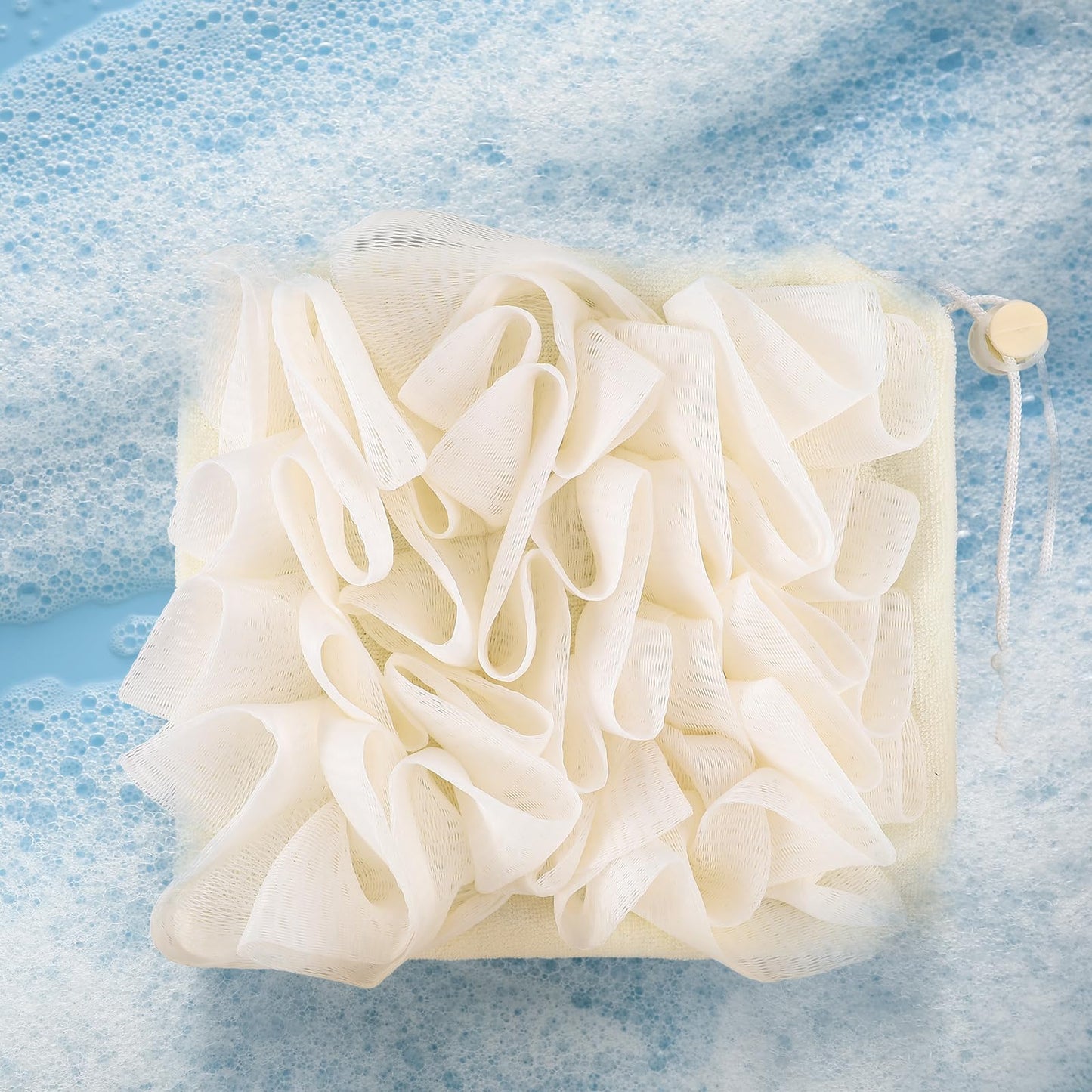 Swiffen 1 Pcs Washcloth Loofah Combo, 2 in 1 Bath Loofah Sponge with Drawstring, Exfoliation Mesh Shower Puff Ball for Body Wash Cleansing and Smooth Skin (Beige)