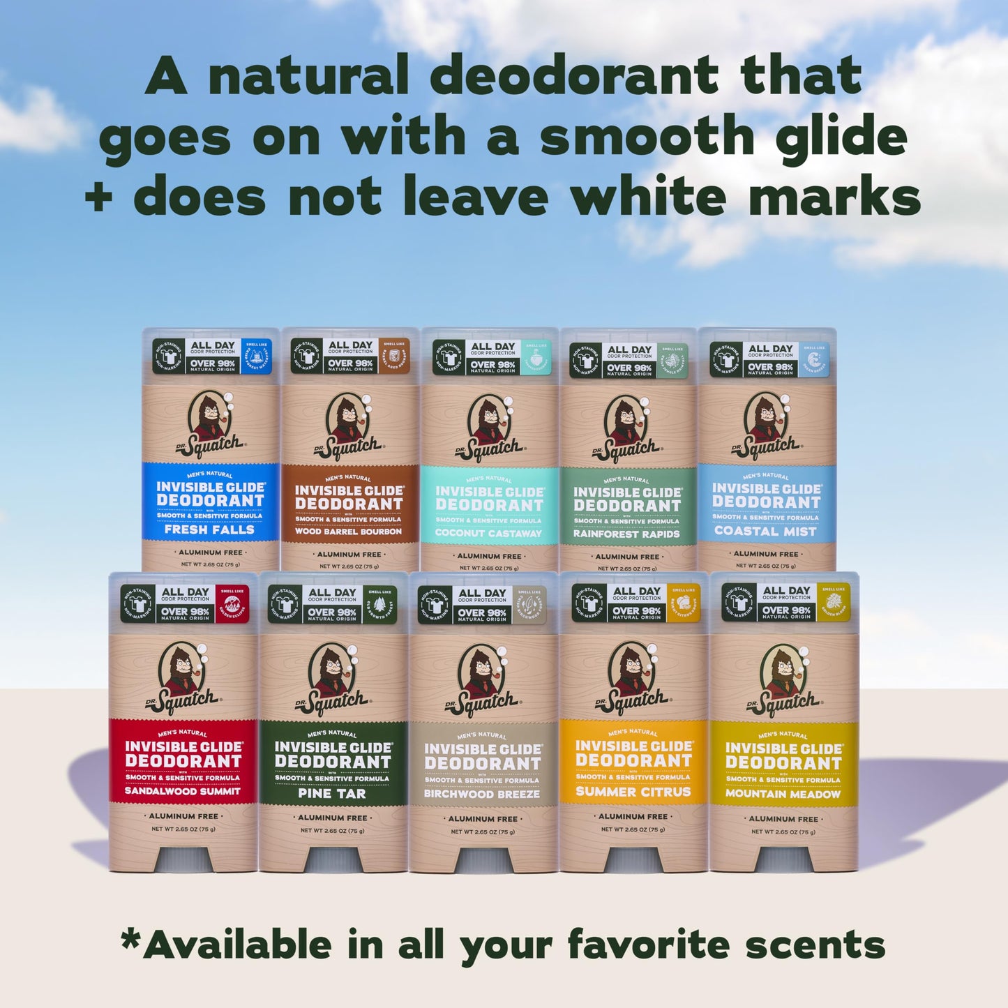 Dr. Squatch Invisible Glide Natural Men’s Deodorant – Smooth Glide, No Stains – Aluminum Free Deodorant Men – Safe for Sensitive Skin – Wood Barrel Bourbon + Rainforest Rapids, 2.65oz (2-Pack)