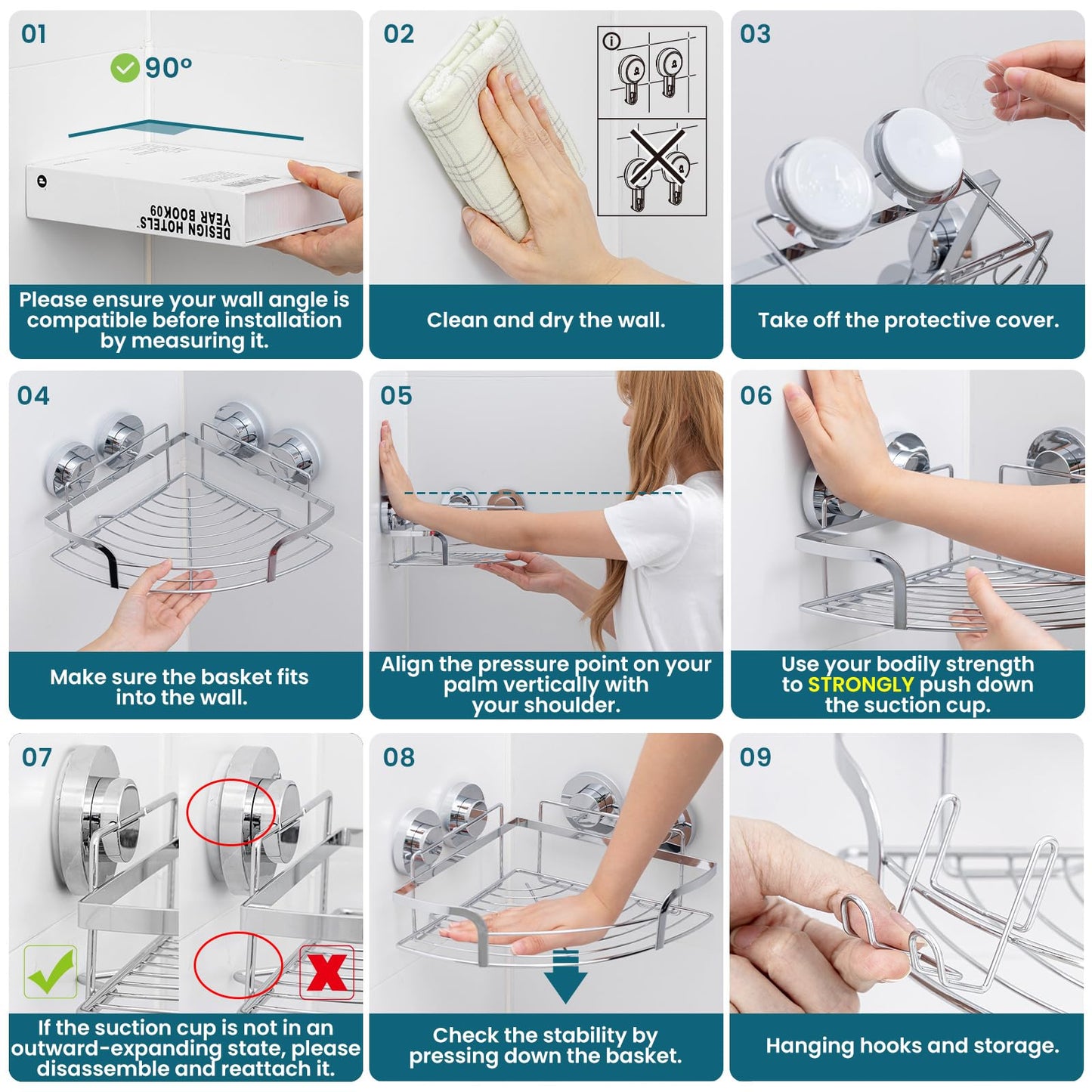 TAILI 2 Pack Powerful Suction Cup Corner Shower Caddy, Stainless Steel Rustproof Shower Shelf with Hook, Drill-Free Wall Mounted Basket, Large Capacity Removable Suction Cup Bathroom Organizer, Silver