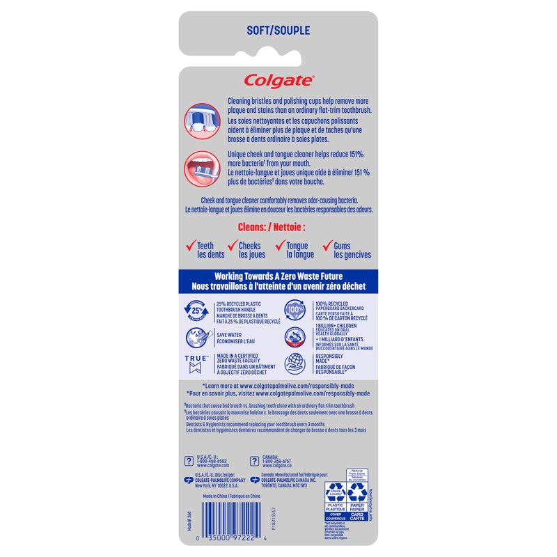 Colgate 360 Deep Clean Soft Toothbrush for 4 in 1 Bacterial Removal, Features Floss Tip Bristles and Tongue Cleaner, 4 Count