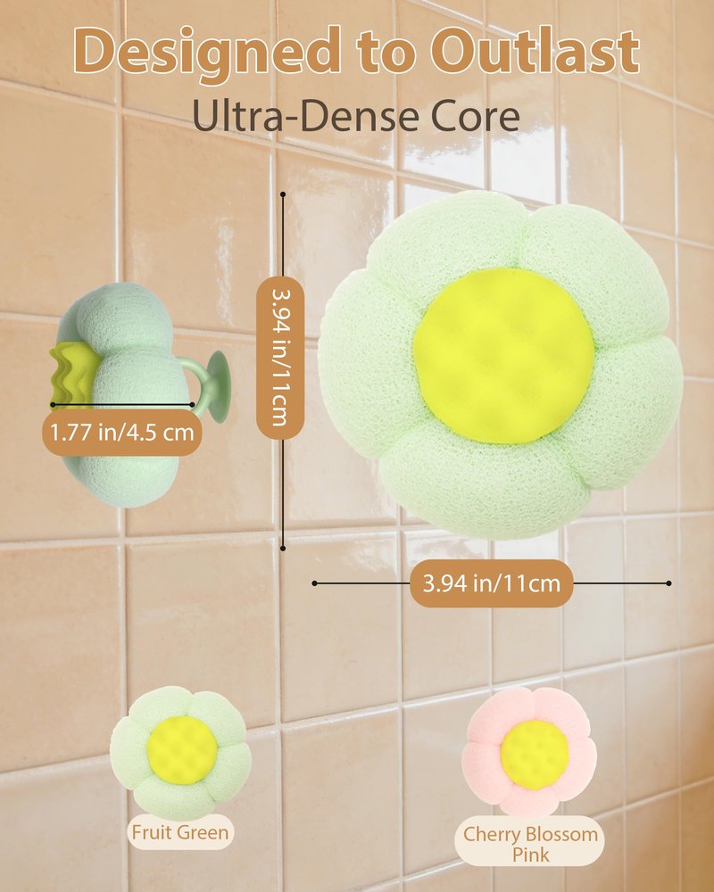 2 Pcs Bath Sponge, 2026 Upgrade Super Soft Yellow Flower-Shaped Suction Cup Bath Sponge, Upgraded 2-in-1 Flower-Shaped Ball Exfoliating Bath loofah Cleaning Brush, Mesh Shower Body Sponge(2 Color