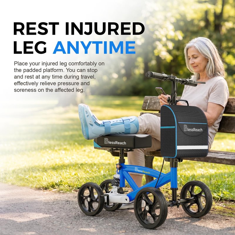 BlessReach Steerable Knee Scooter Deluxe Medical Scooter for Foot Injuries Compact Crutches, with Dual Rear on-Wheel Brake and Shock Absorption Under The Knee pad(Blue)