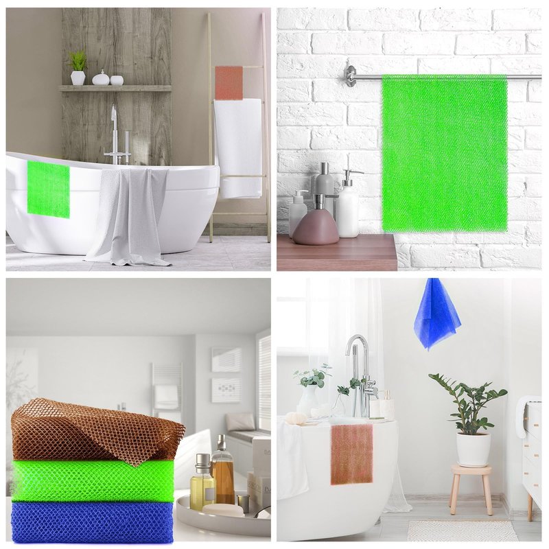 UJFQBH 3 Pieces African Bath Sponge African Net Long Net Bath Sponge Exfoliating Shower Body Scrubber Back Scrubber Skin Smoother,Great for Daily Use (Brown、Blue、Green)