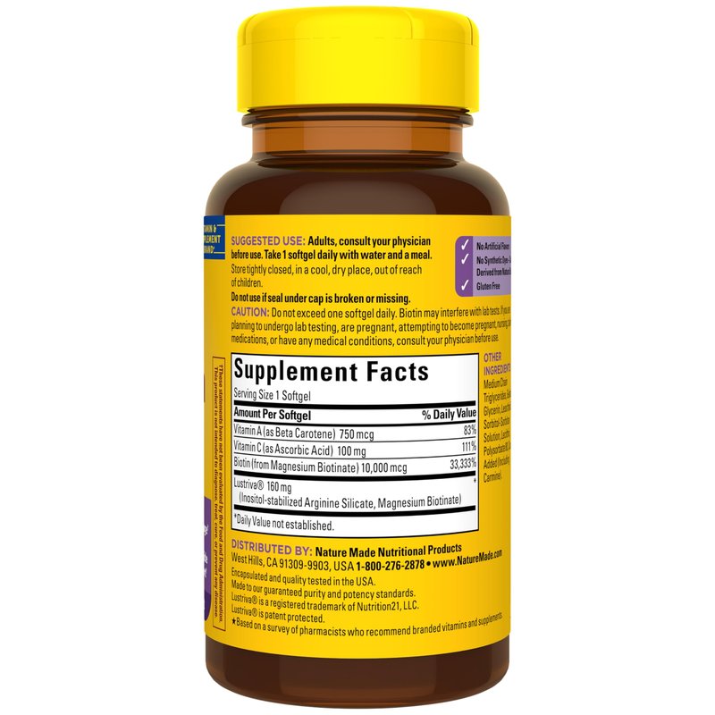 Nature Made Hair Growth Softgels, Clinically Studied Lustriva + Biotin, Vitamin C & A, Hair Growth Vitamins - Support Healthy Hair as You Age, 30 Softgels, 30 Day Supply