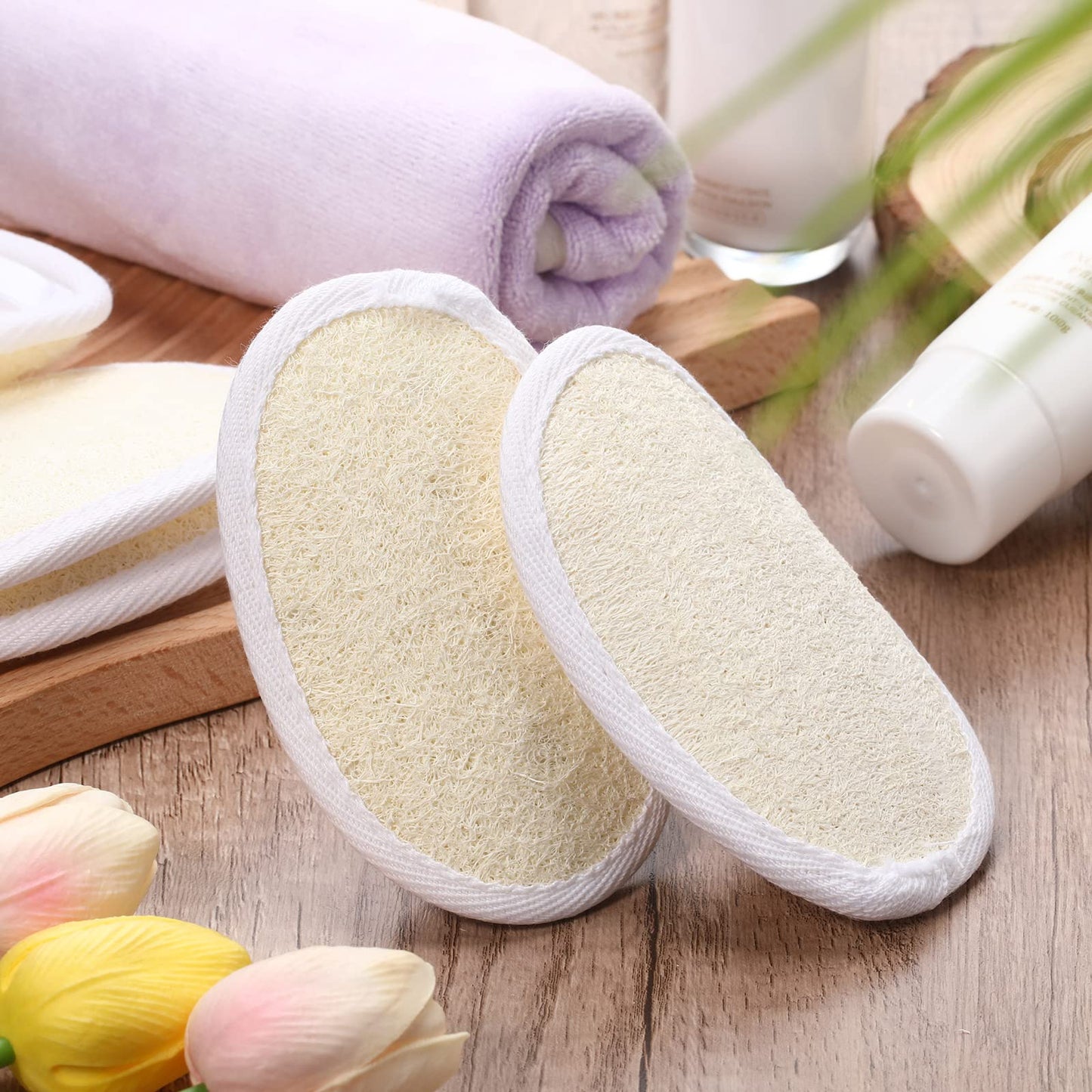 Meanplan 100 Pieces Exfoliating Loofah Pad Body Scrubber Bath Shower Loofah Sponge Pad Natural Exfoliating Scrubber Luffa Brush Close to Skin for Men Women Shower Bath and Spa