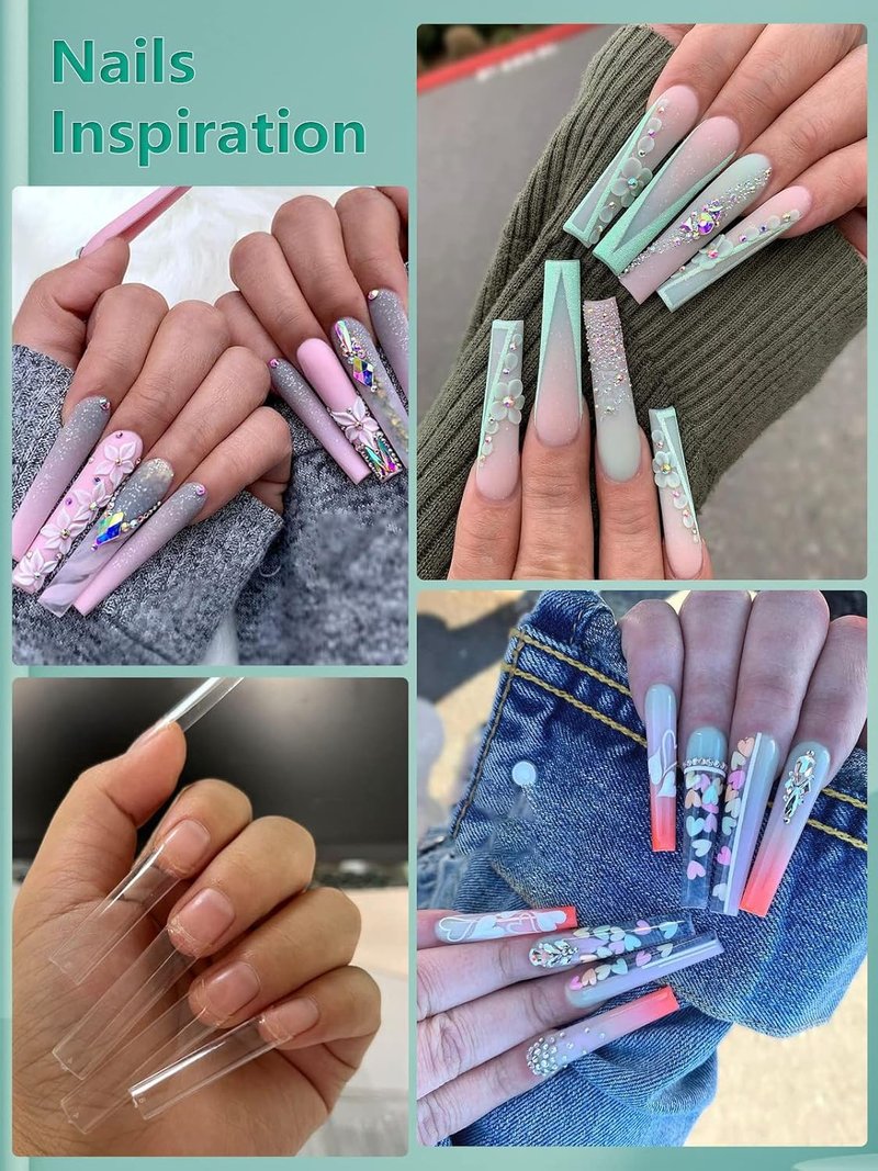 Skiennix No C Curve Nail Tips - 200PCS Extra Long Half Cover Straight Tapered Square | Sizes 3-6