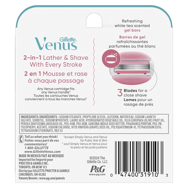 Gillette Venus ComfortGlide White Tea Women's Razor Blades,3-Blade Razor Refills,Holiday Gifts for Women,6 Count (Pack of 2)
