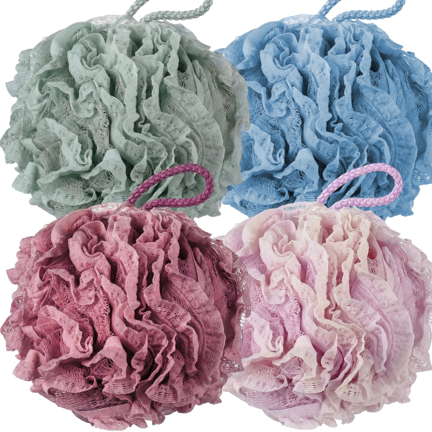 Sunnyray 4 Pack Loofah Bath Sponge Lace Mesh Set Large 60g Shower Poufs Body Scrubber Bath Loofah Ball Body Wash Sponge Exfoliating Scrubber Luffa Puff for Women Men Cleanse Skin Accessories (Classic)