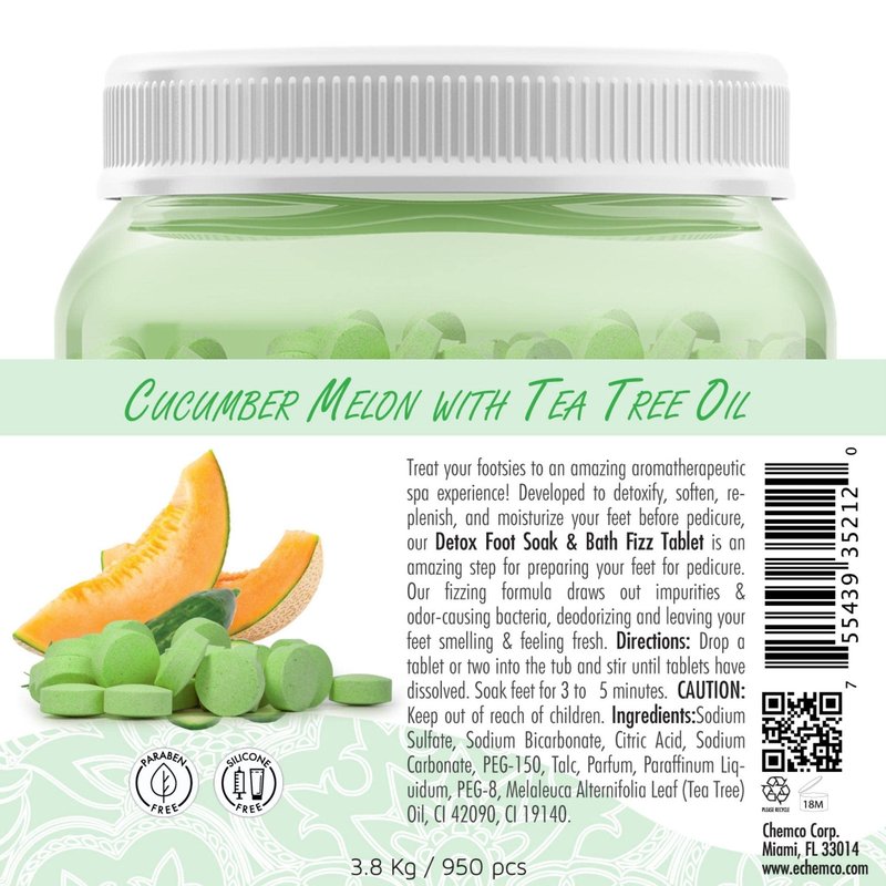 SPA REDI - Detox Foot Soak Fizz Tablets for Pedicure, Cucumber and Melon, 950 Count - Foot Bath with Tea Tree Oil, Aromatherapeutic, Draws Impurities, Softens, Replenishes and Moisturizes