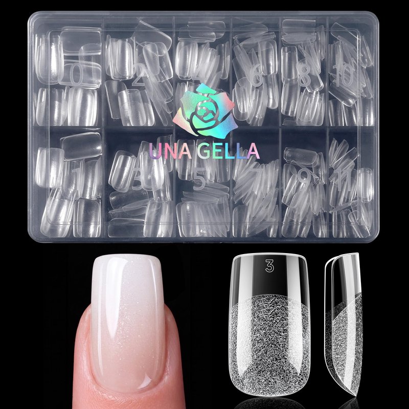 UNA GELLA Short Square Nail Tips, Pre Etched Short Square Gel Nail Tips, 240pcs Soft Gel Clear Press on Nails Full Cover Fake Nails for Nails Extension DIY Salon 12 Sizes At Home