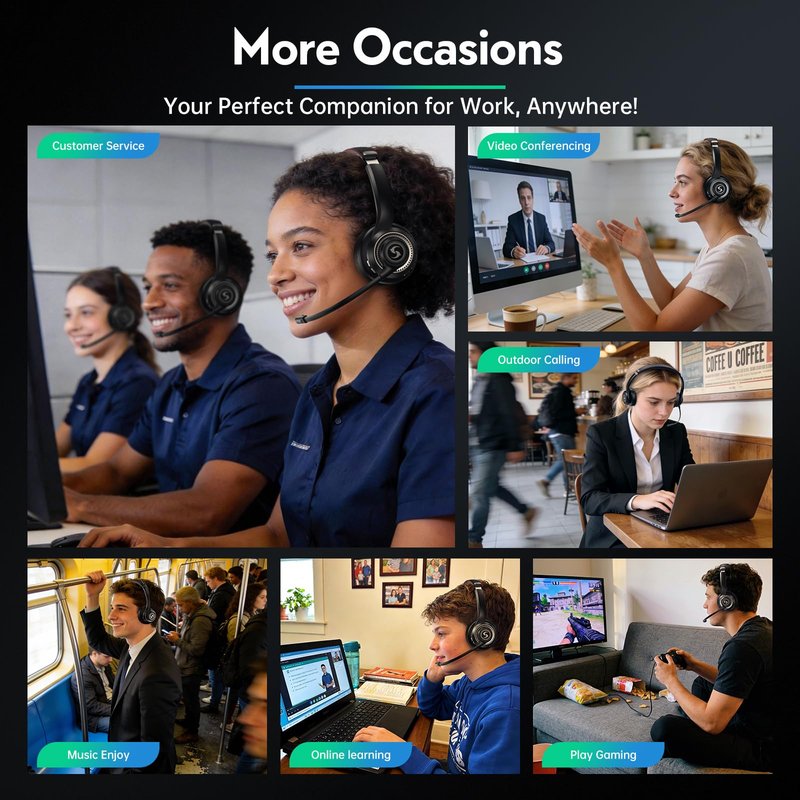 Surpixo Wireless Headset with Mic for Work, Dual-Mode Bluetooth & 2.4GHz Dongle, 50H Talk Time, Headphone with mic ENC Noise Cancelling fit for Computer/Laptop/Teams, Glasses-Friendly- Black