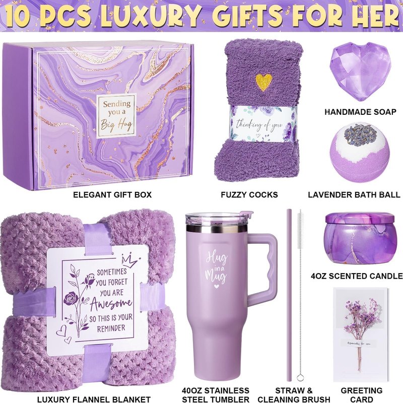Birthday Gifts for Women Self Care Get Well Soon Gifts, Lavender Relaxing Spa Bath Gift Basket Care Package w/ Flannel Blanket 40 OZ Tumbler, Mother's Day Gift for Mom Her Wife Girlfriend Grandma