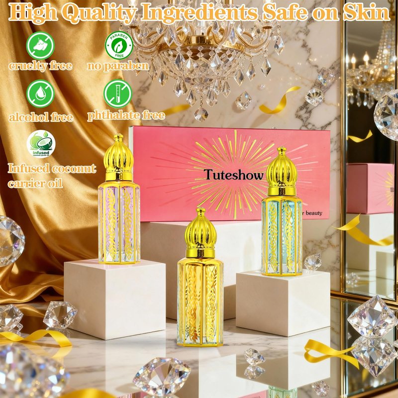 Tuteshow 3 Pack Arabian Perfume for Women, Arabic Perfume Oil Roll On, Rose, Jasmine, Musk, Sandalwood, Eau de Parfum and Eau de Toilette, 0.4 fl. oz
