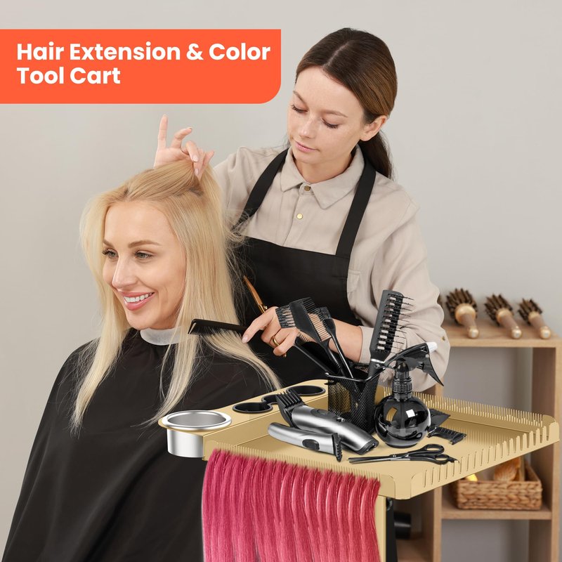 TASALON Gold Salon Tray on Wheels – Salon Rolling Tray Set with Magnetic Hair Dye Bowl, Heat-Resistant Tool Rack, Hair Extension Holder for Styling, Rolling Tool Cart & Hair Salon Station Organizer