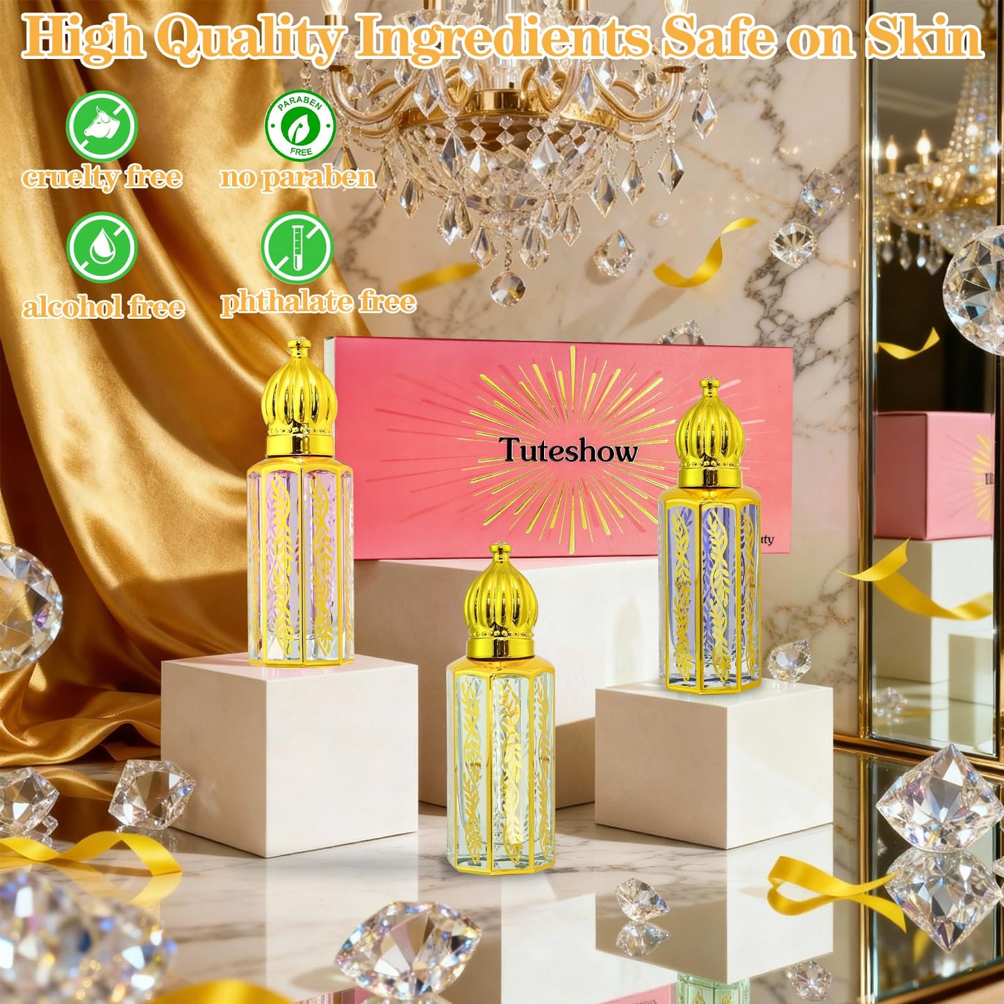 Tuteshow Arabic Perfume Oil for Women, Long Lasting Arabian Perfume Oil Roll On Rose, Sandalwood, Musk, 0.4 fl. oz