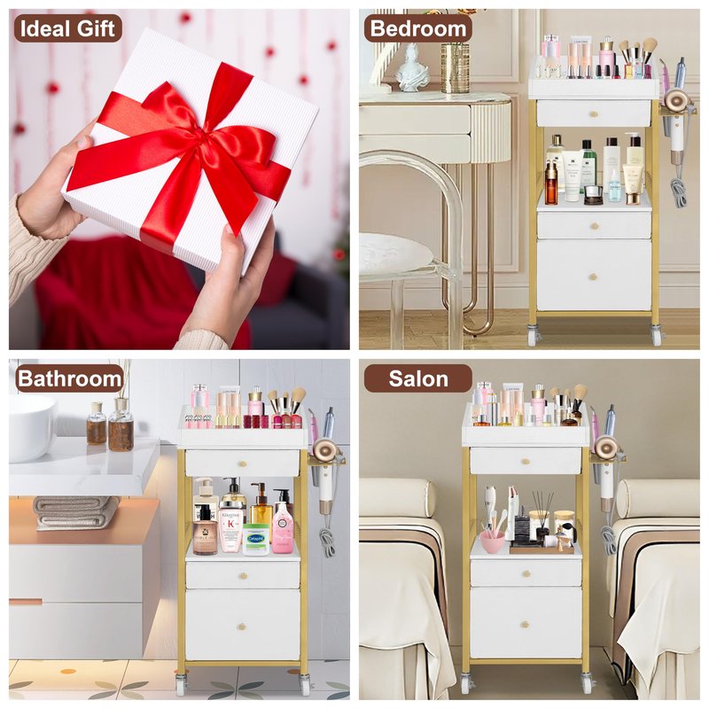 NauwaBarn Makeup Organizer Cart with 3 Drawers, Rolling Vanity Organizer with Adjustable Dividers, Detachable Hair Tool Holder, Lockable Wheels for Small Spaces, Gold & White