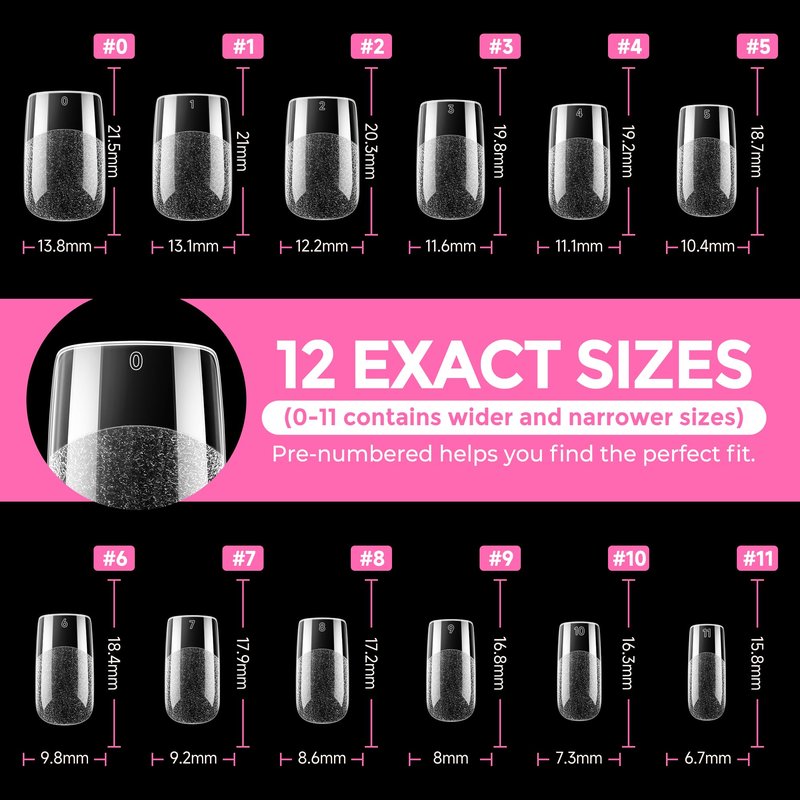 UNA GELLA Short Square Gel Nail Tips 216pcs Short Square Press on Nails Pre-shape Fake Nails for Full Cover Acrylic Nails False Nails For Nail Extension Home DIY Nail Salon 12 Sizes Gelly Tips