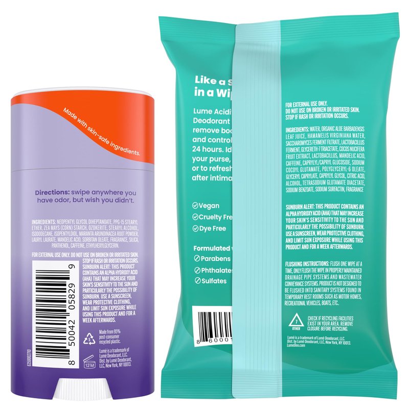 Lume Whole Body Deodorant - Smooth Solid Stick & Flushable Deodorant Wipes - Doctor Developed - Aluminum Free, Baking Soda Free, Skin Loving - 2.6 Ounce (Soft Powder) 15 Count Wipes (Cool Cucumber)