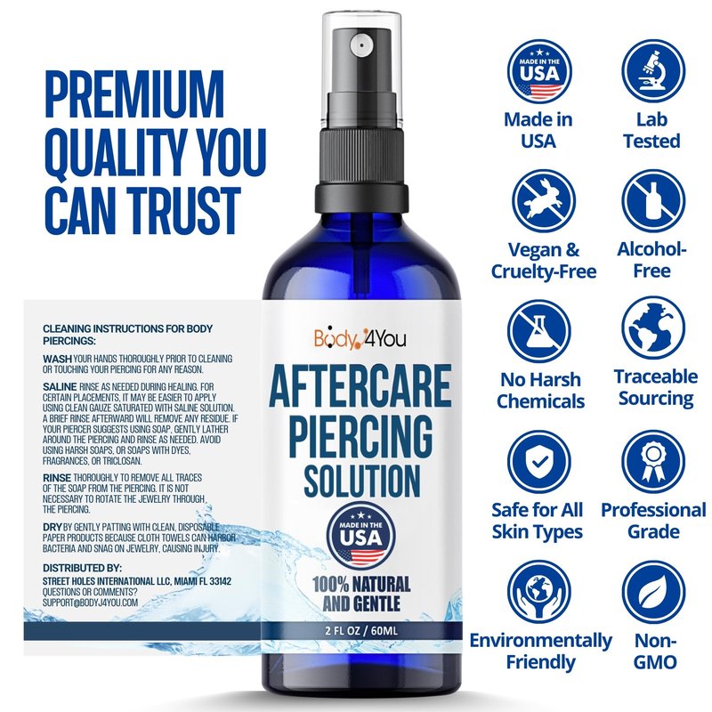 BodyJ4You Piercing Aftercare Spray - Saline Solution for Piercings Wound Wash Sterile Saline - Keloid Bump Removal Ear Nose Septum Belly Button Cartilage - Sea Salt Earring Cleaner Fine Mist 2 Fl Oz