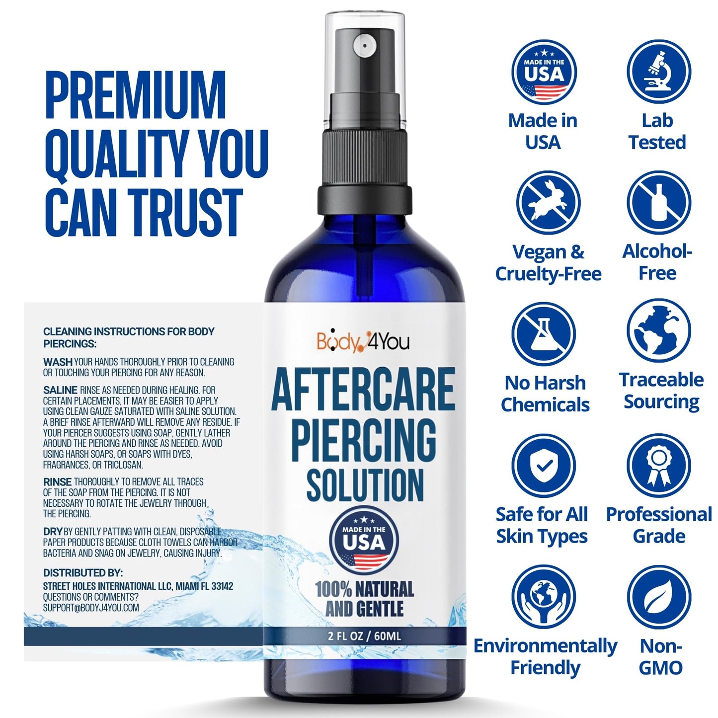 BodyJ4You Piercing Aftercare Spray - Saline Solution for Piercings Wound Wash Sterile Saline - Keloid Bump Removal Ear Nose Septum Belly Button Cartilage - Sea Salt Earring Cleaner Fine Mist 2 Fl Oz