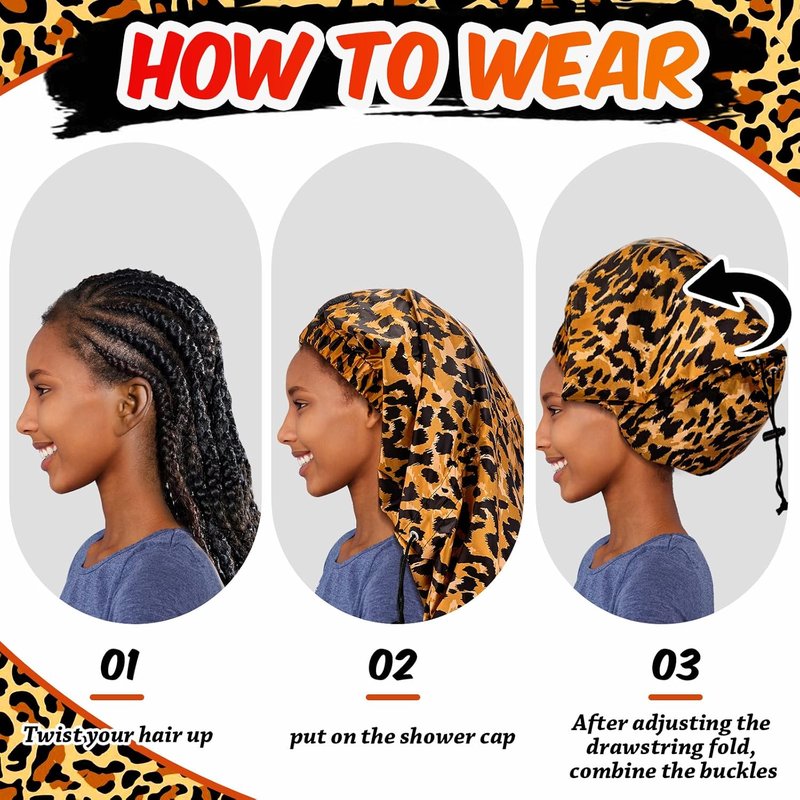Satinior Jumbo Waterproof Braid Shower Cap - 2 Pcs Adjustable Reusable Hair Bonnets for Long Hair & Dreadlocks | Leopard Print