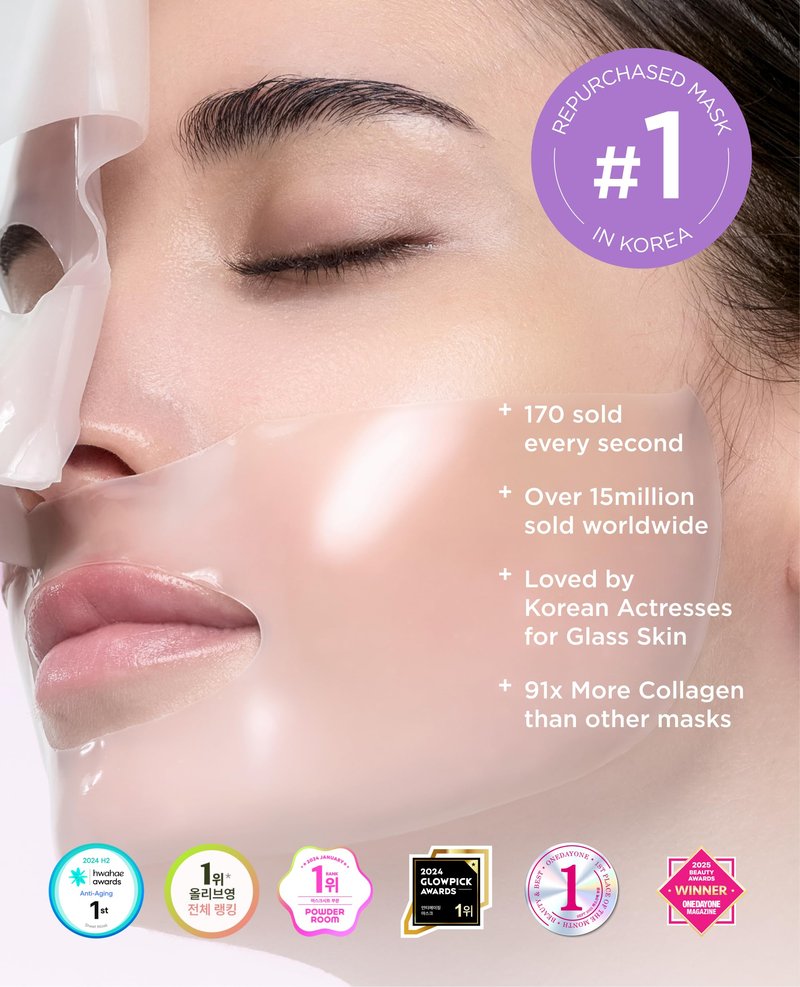 AROCELL Super Collagen Mask 4 Facial Sheet 5,000,000ppb Overnight Dual Matrix Hydrogel Masks with Low Molecular Weight Collagen for Elasticity Hydrating Anti-Aging Cooling Korean Skincare, 43g x 4ea