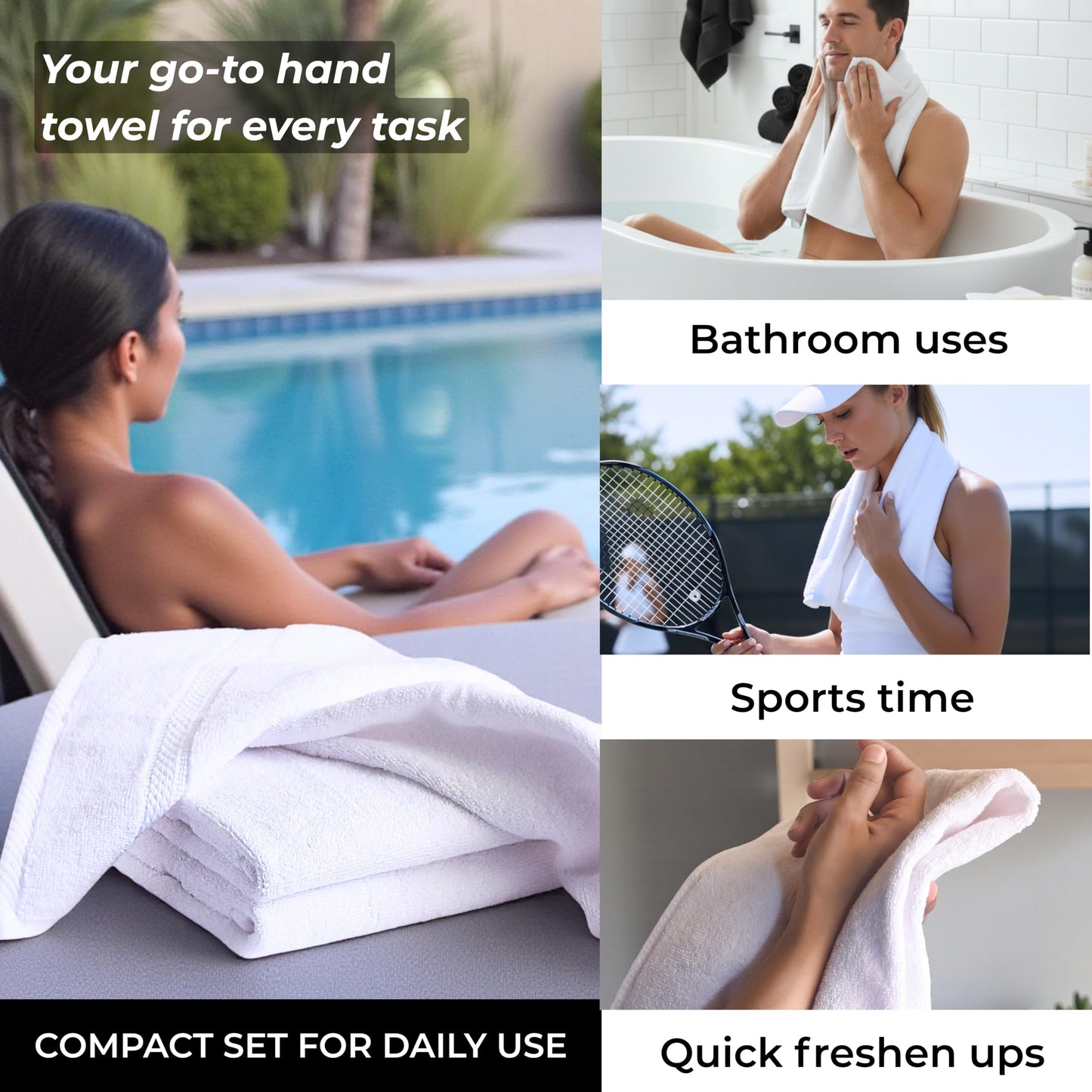 White 100% Cotton Bath Hand Towels for Bathroom - Thick Luxury Soft Plush Fluffy Bulk Hotel Towels 3 Pack - Toallas De Mano para Baño - Size 16"X29" Medium Large Size Face Spa Handtowels Towles
