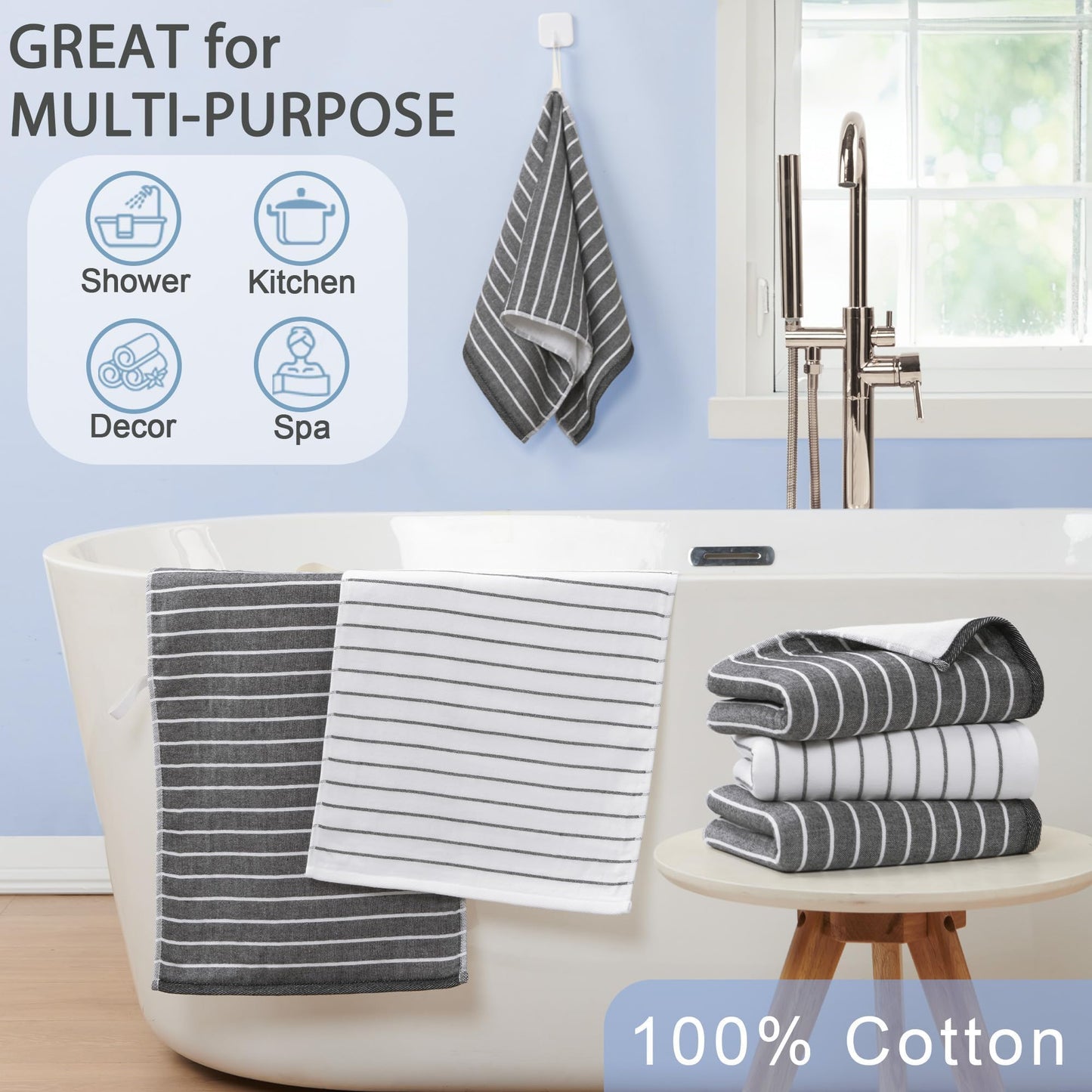 4-Pack Premium Cotton Hand Towels with Hanging Loops, 13x28 Inch – Ultra-Absorbent 450GSM Hand Towels for Bathroom, Soft Quick-Dry Face & Hand Towel Set, Durable Black & White Stripe Design