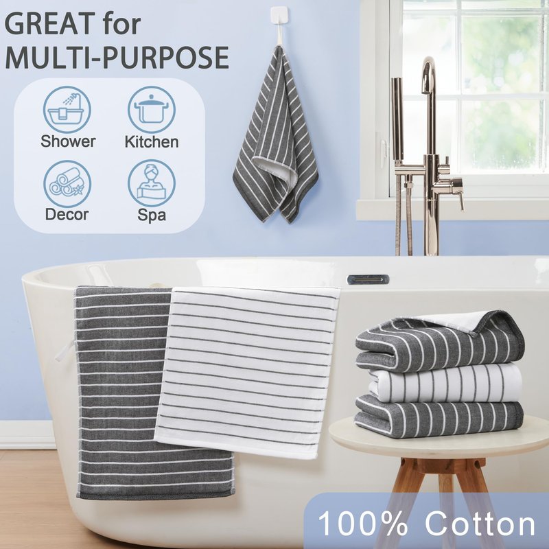 4-Pack Premium Cotton Hand Towels with Hanging Loops, 13x28 Inch – Ultra-Absorbent 450GSM Hand Towels for Bathroom, Soft Quick-Dry Face & Hand Towel Set, Durable Black & White Stripe Design