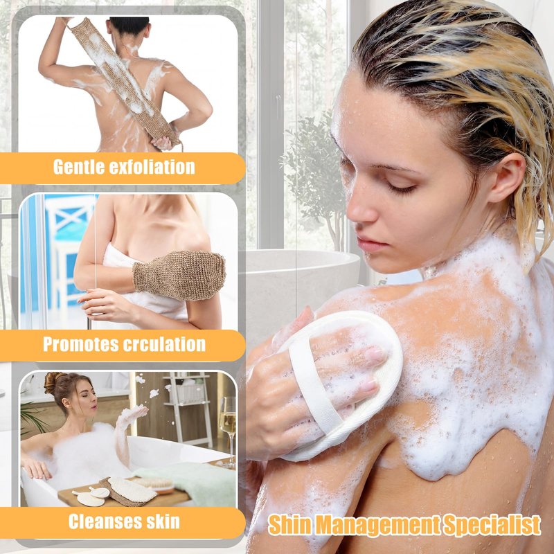 Geelin 8 Pack Natural Loofah Exfoliating Body Scrubber Set Shower Bath Glove Exfoliating Bath Scrubber Luffa Sponge Pads Mitts for Men and Women Body Back Deep Clean Remove Dead Skin