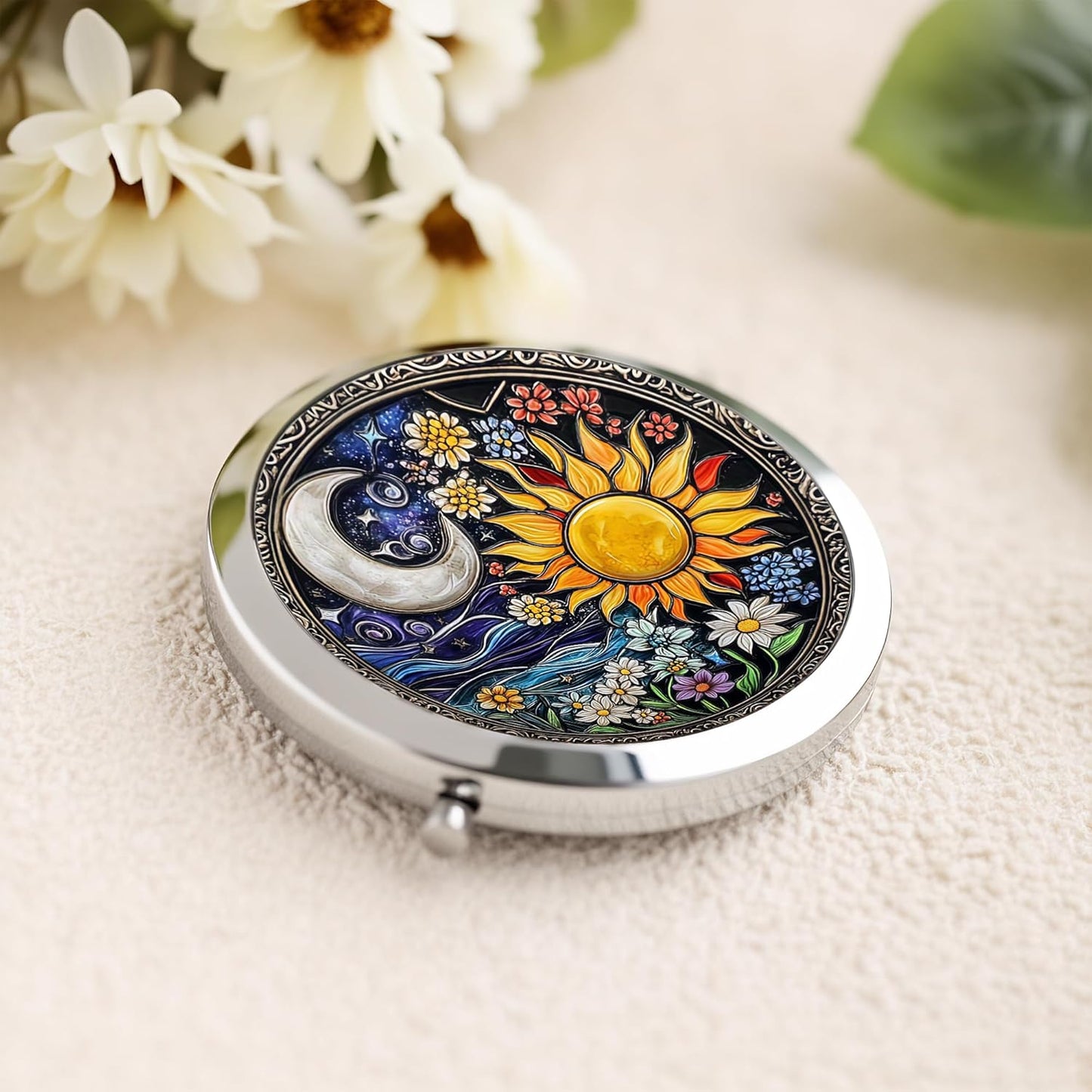 Skiennix Silver Compact Mirror - Double-Sided Folding Makeup Mirror with Floral Design | 2.8x2.8 Inch