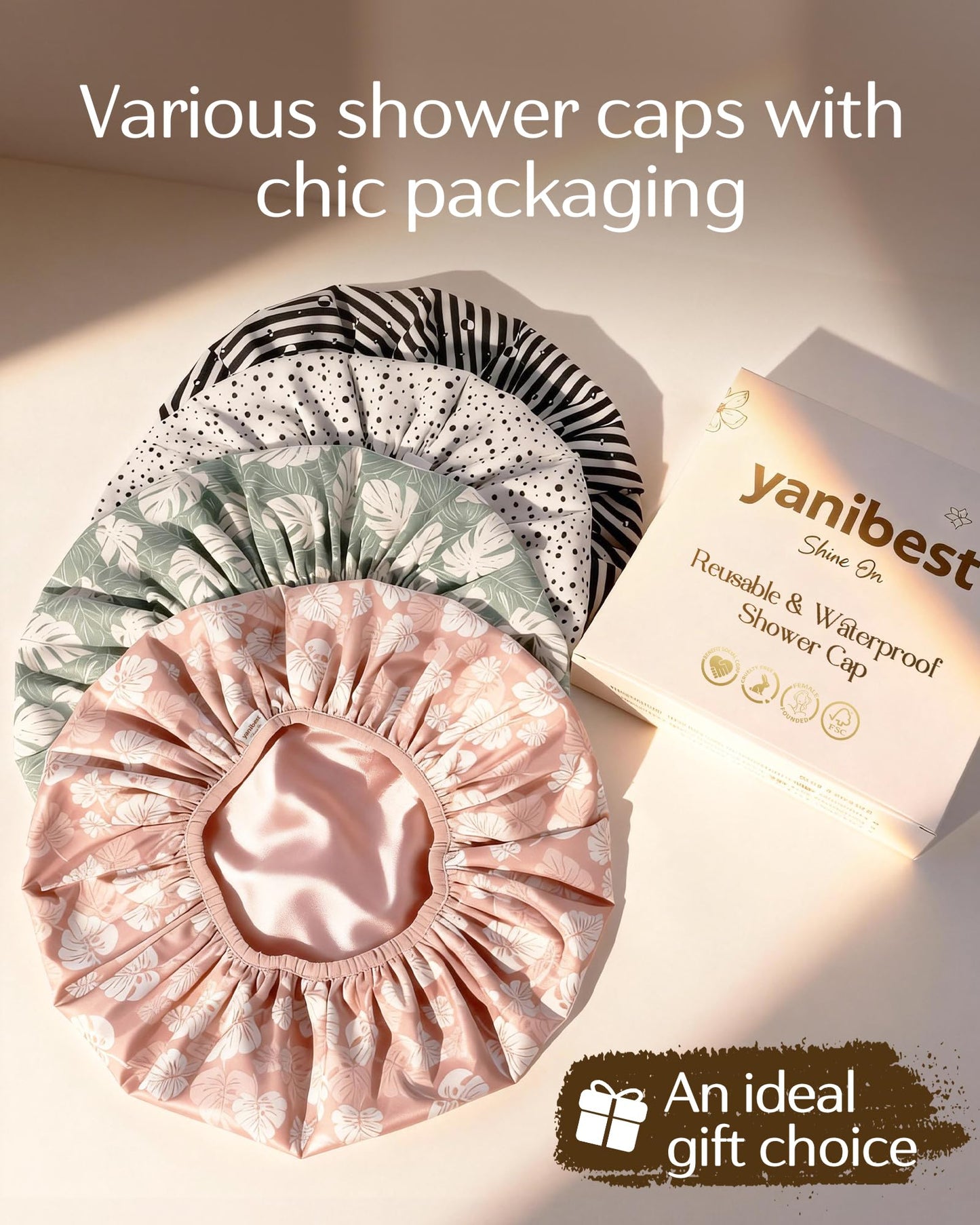 Yanibest Shower Cap for Women - Frizz Free Satin Lined Shower Cap Waterproof Large Double Layer Reusable with Soft Elastic Band for Braids Long Hair