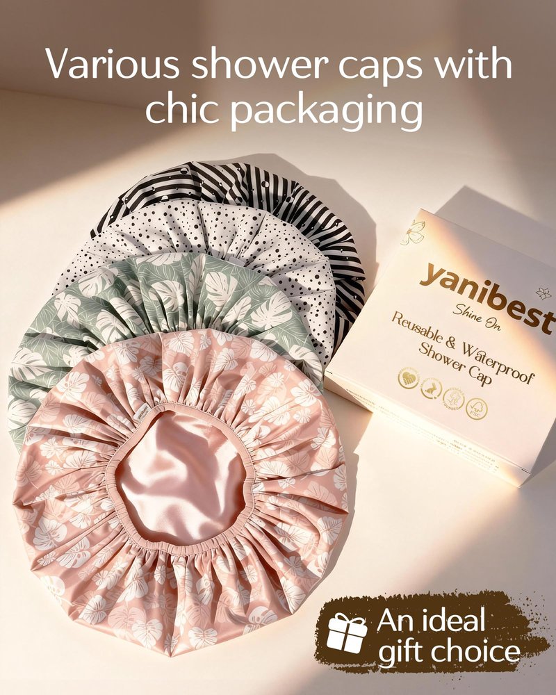 Yanibest Shower Cap for Women - Frizz Free Satin Lined Shower Cap Waterproof Large Double Layer Reusable with Soft Elastic Band for Braids Long Hair
