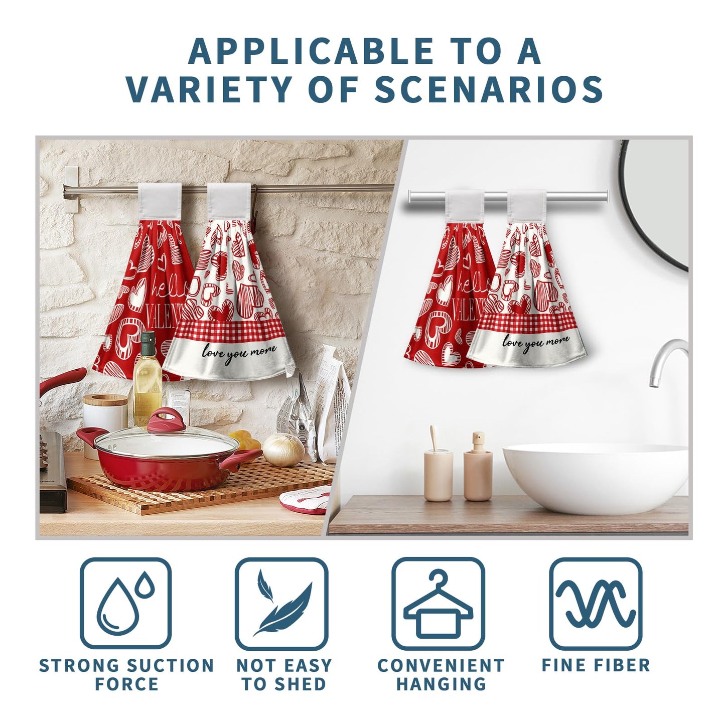 Kwlegh Valentines Day Hanging Kitchen Towels Set of 2 Valentine Red Heart Buffalo Plaid Hand Towels with Hanging Loops Seasonal Sweet Holiday Fingertip Oven Towels hanging Soft Absorbent Bar Tie Towel
