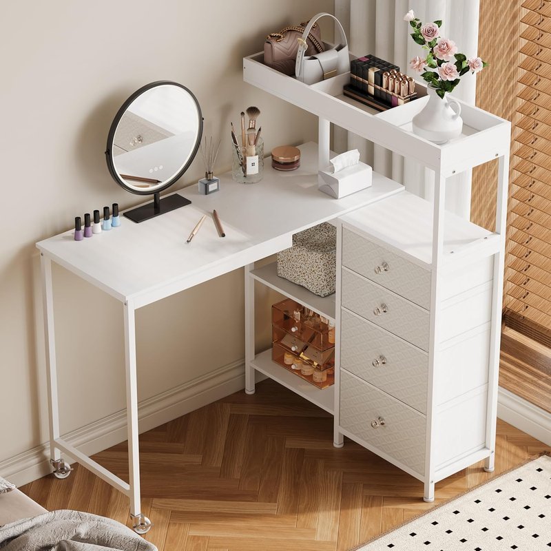 L-Shaped Manicure Table - Rotating Nail Workstation on Wheels with Charging Station | White with Storage Drawers & Shelves