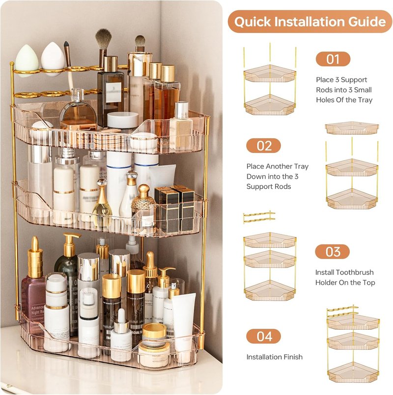 Corner Bathroom Counter Organizer - Acrylic Makeup & Toothbrush Holder | 3-Tier Amber Skincare Storage
