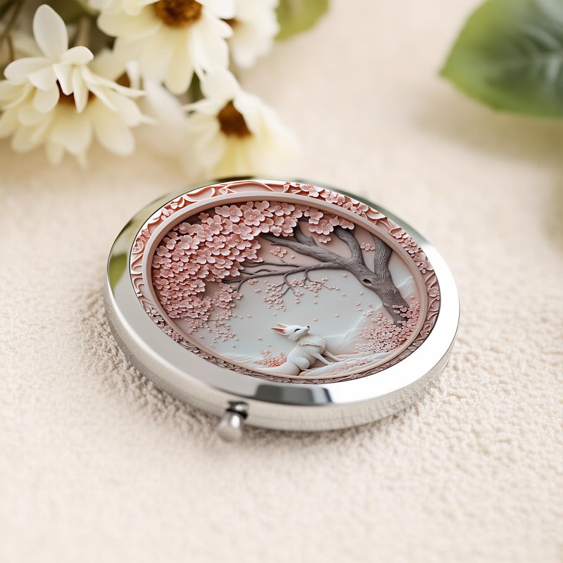 Silver Compact Mirror, 2.8x2.8inch Double-Sided Folding Makeup Mirror with Cherry Blossom White Fox Design, Ideal Gift for Women