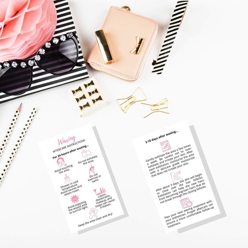 Waxing Aftercare Cards | 50 Pack | Size 2 x 3.5” inches Business Card Size | Waxing Aftercare Kit Cards PMU | Aftercare Instructions White with Pink Icons Design