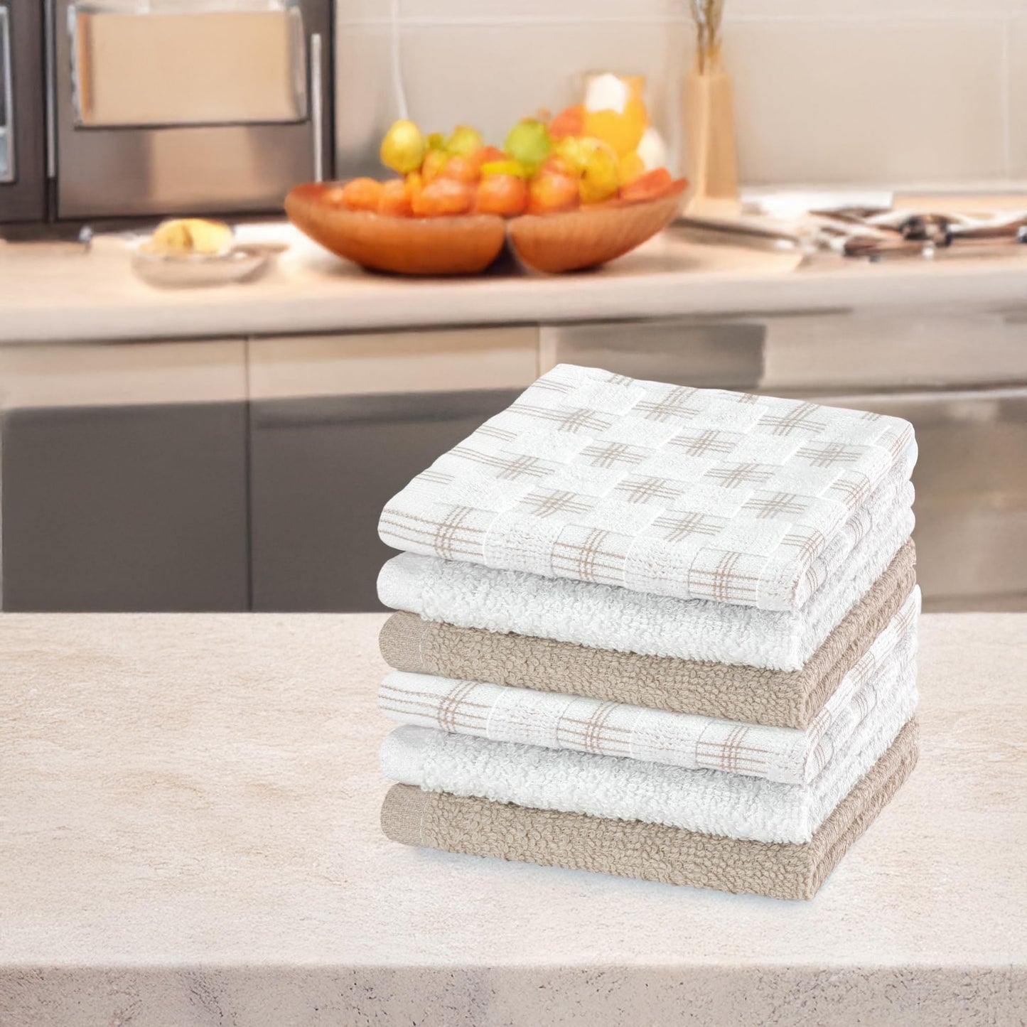 DecorRack 6 Pack 100% Cotton Yarn Washcloths, 12x12 inch Soft Cotton Face Towels, Absorbent and Durable Wash Cloth Set for Bathroom, Spa, Gym and Travel, Sand (Pack of 6)