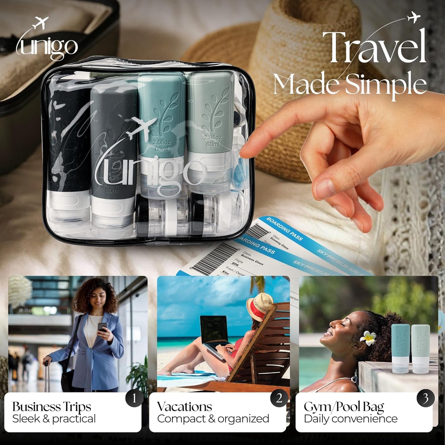 Unigo Travel Bottles Set - 30 Pack Leakproof Refillable Toiletry Containers | TSA Approved with Labels & Brushes