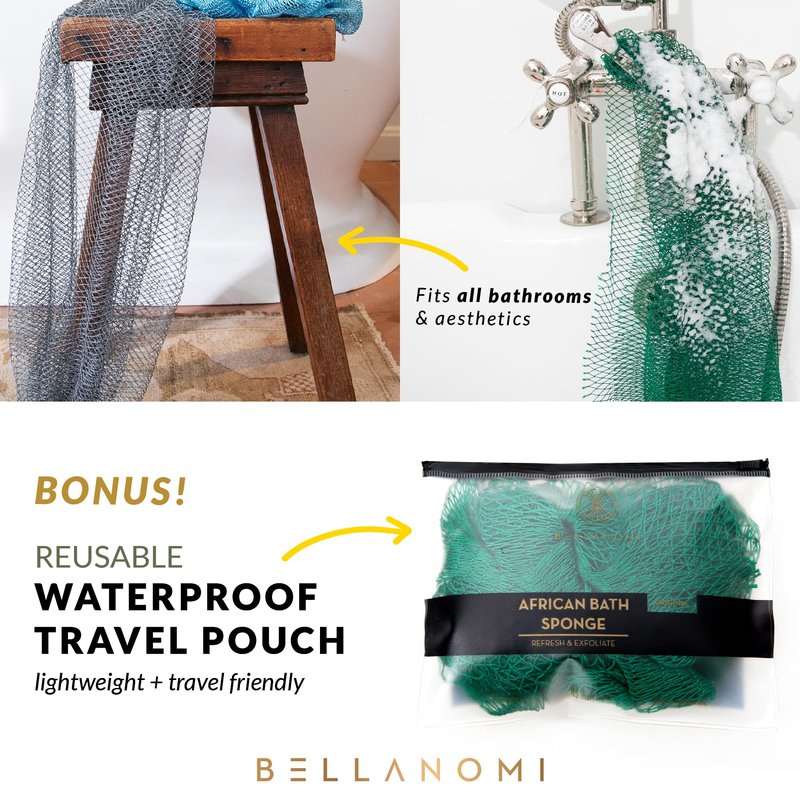 BELLANOMI African Exfoliating Net Sponge 2-Pack Sapo – Authentic & Ethically Sourced, 45" Long Back Scrubber, Quick-Dry 100% Nylon, Gentle Exfoliation Great for Daily Use (Navy Blue & Pink)