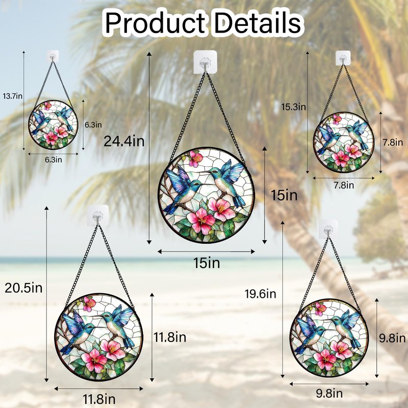 JOSUMALY Stained Glass Window Hanging - Blue White Hummingbirds Pink Flowers Suncatcher for Door Terrace Garden Home Decor Bird Sun Catcher Birthday Gifts for Lovers Women Men Dad Mom Nana 7.8 in
