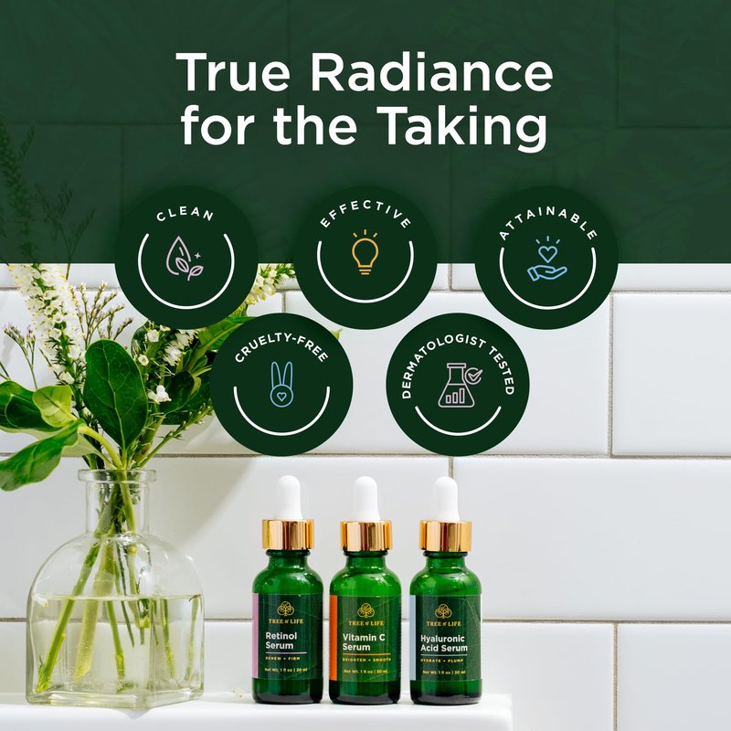 Tree of Life Face Serum Set - Vitamin C, Retinol & Hyaluronic Acid for Brightening, Firming & Hydrating - Anti Aging Skin Care Set - Dermatologist Tested - 1 Fl Oz (Pack of 3)